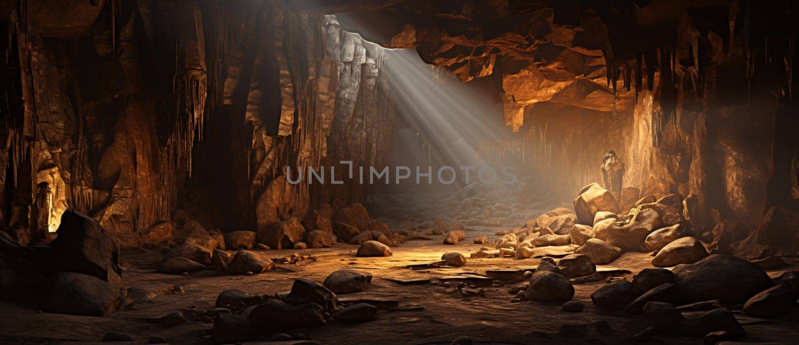 large foggy illuminated underground cave in limestone rock i by Andelov13