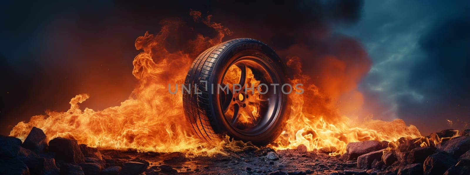 photo of black smoked and burning tire. High quality photo