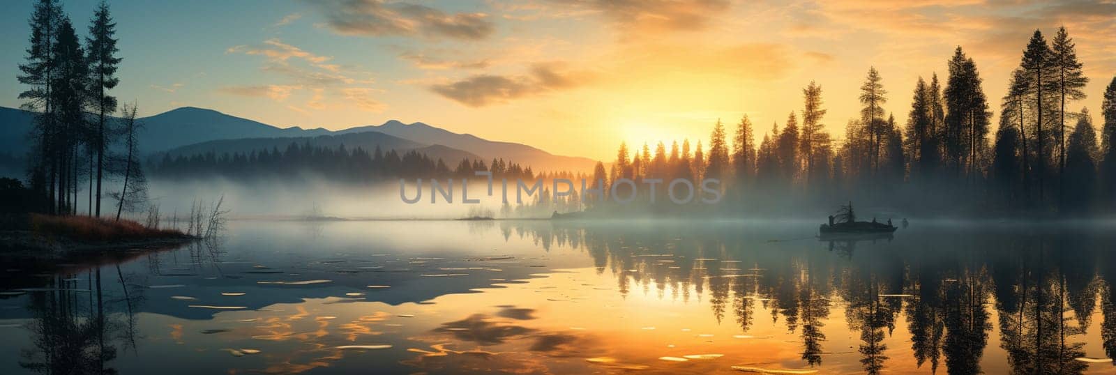 Fall. A foggy morning during dawn. Autumn trees on the river bank. Mountains and forest. Reflections on the surface of the lake. . High quality photo