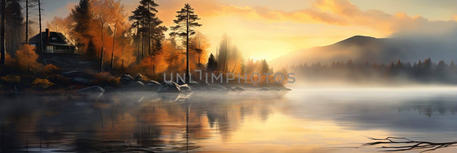 Fall. A foggy morning during dawn. Autumn trees on the river bank. Mountains and forest. Reflections on the surface of the lake. . High quality photo