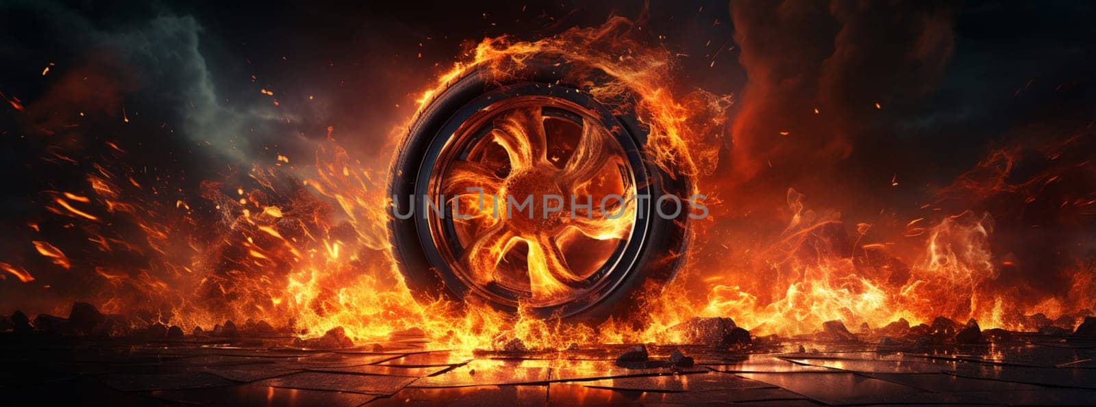 photo of black smoked and burning tire. High quality photo