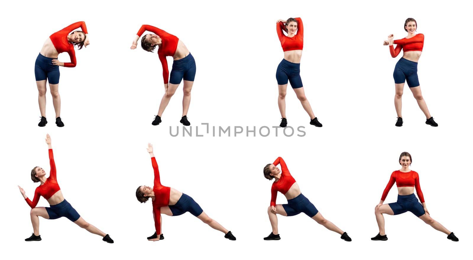 Healthy and active young woman in sportswear with different professional fitness posture set of yoga training session. Meditation yoga exercise on isolated background in gaiety full body length shot.