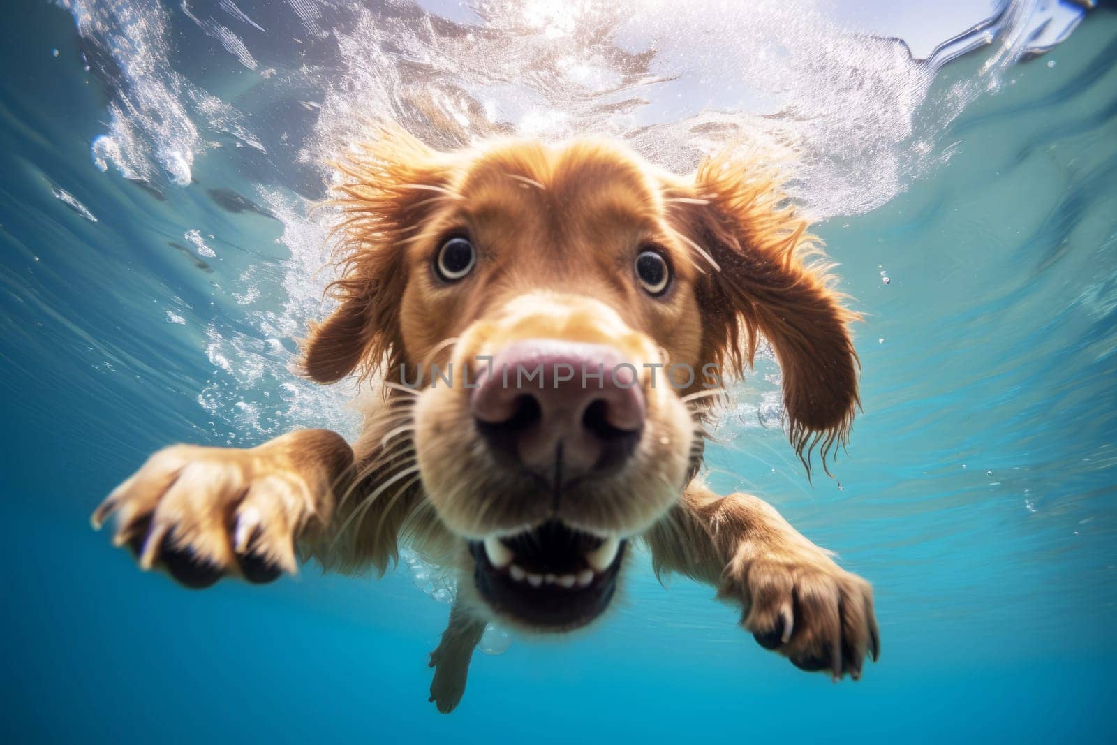 Closeup wide angle photo of a dog underwater by rusak