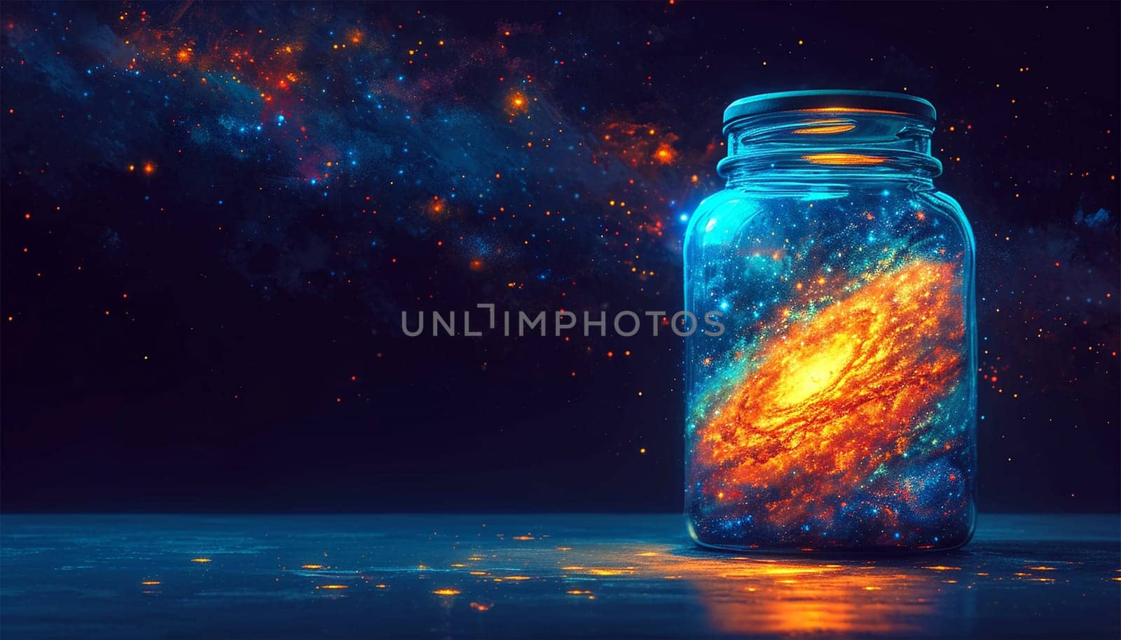 Universe galaxy in a jar with dark backgrounds. Colorful space with stars milky way at night. Copy space Space for text