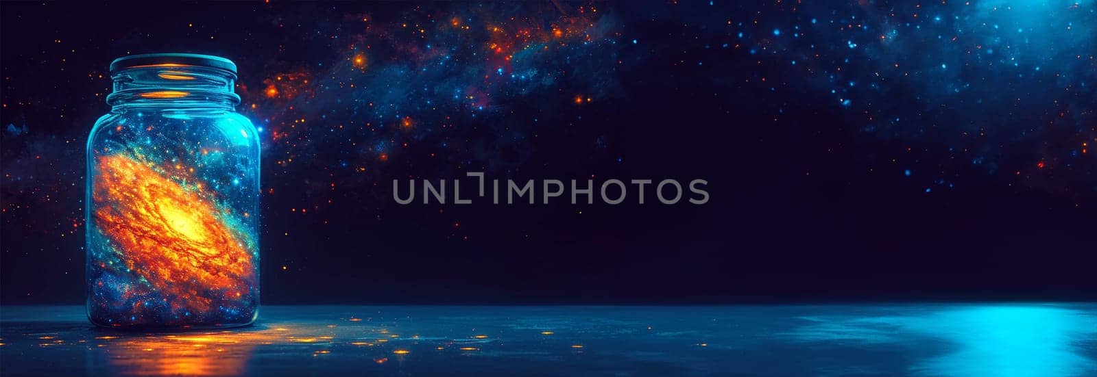 Universe galaxy in a jar with dark backgrounds. Colorful space with stars milky way at night. Copy space Space for text