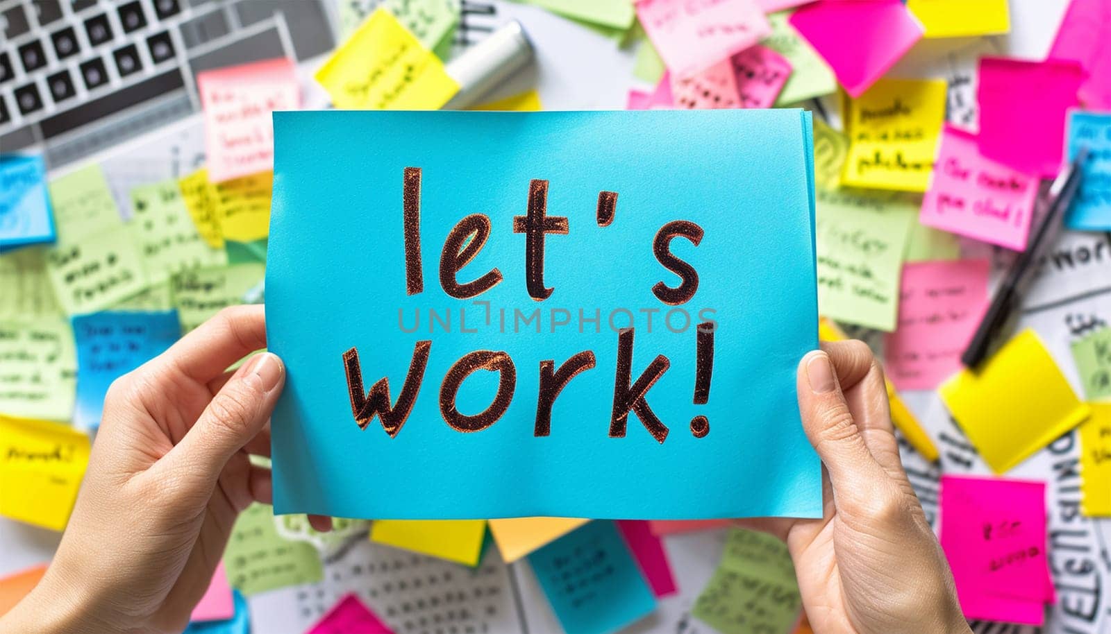 Sticky note in office room or work place with the text "Let's work" text on a sticky, pen, Desk with business decoration. Brainstorming motivation concept by Annebel146