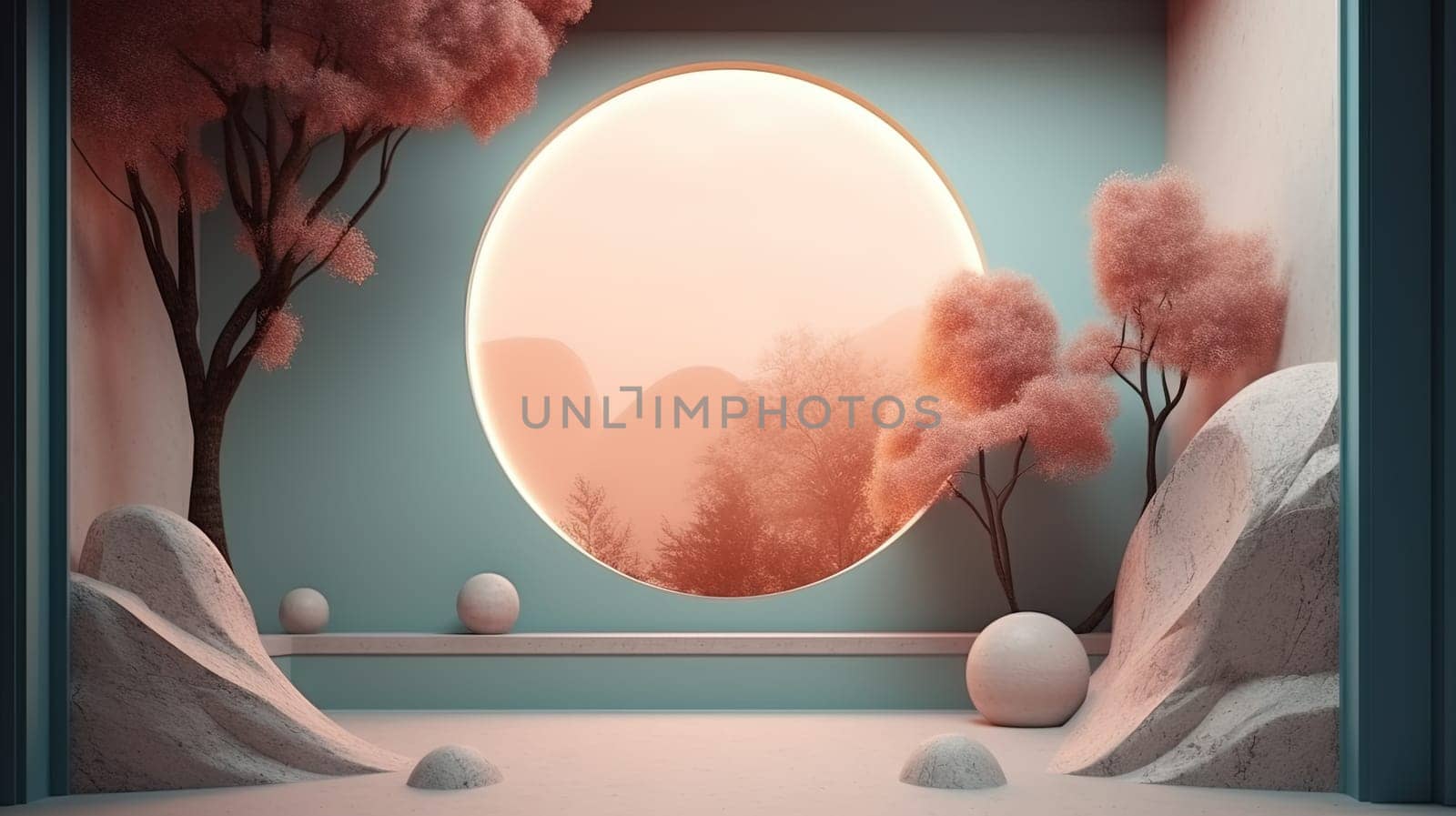 Interior with circular architecture form in 3D style. Abstract room with arc element and trees. Generated AI
