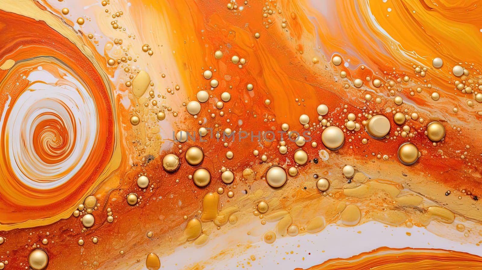 Abstract artistic background with orange marble and golden paint stains. Generated AI