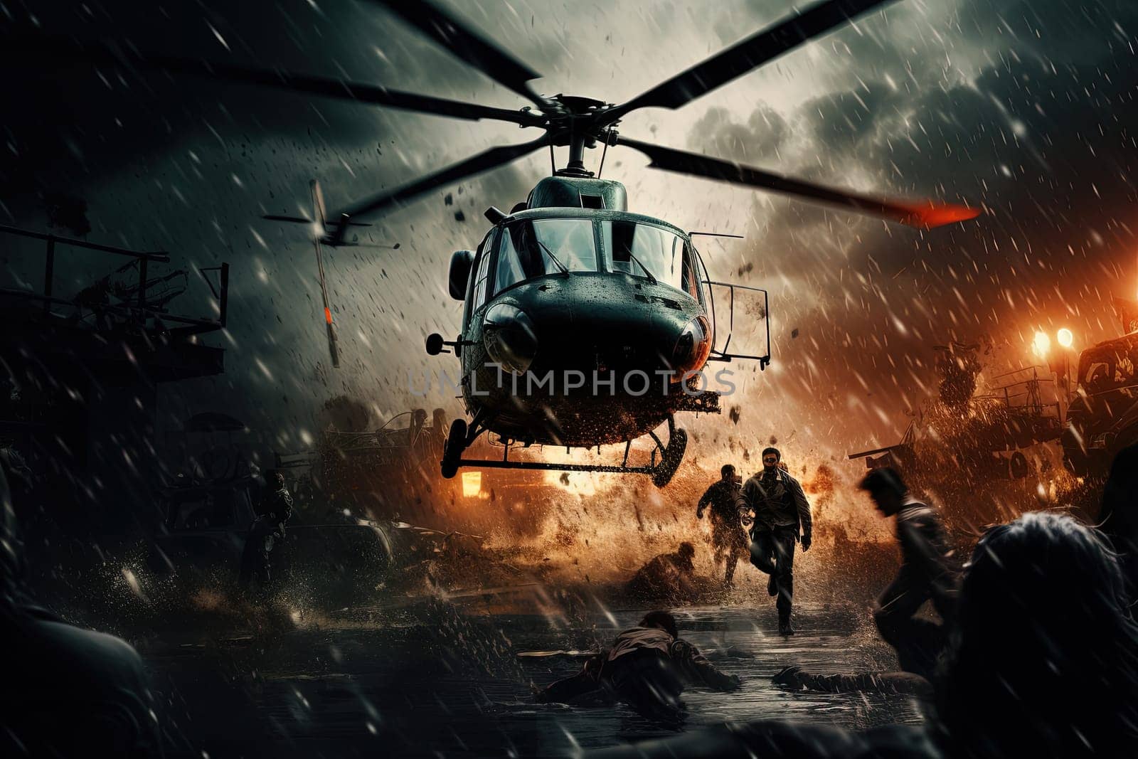 Action shot with helicopter flying in the air. Dynamic scene in action movie blockbuster style. Generated AI.