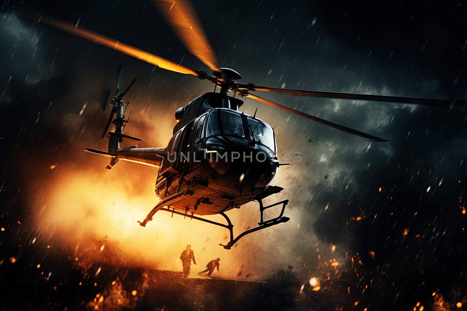 Action shot with helicopter hovering in the air over flame and explosions. Dynamic scene in action movie blockbuster style. Generated AI.