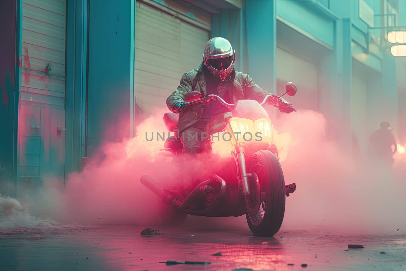 Futuristic post-apocalypse action scene with hero in sci-fi style. Vaporwave surreal shot with pink and blue smoke. Generated AI