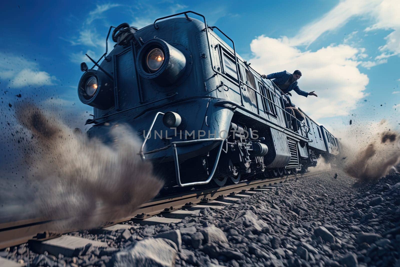 Action shot with man jumping off the train. Dynamic scene with railway carriage in action movie blockbuster style. Generated AI