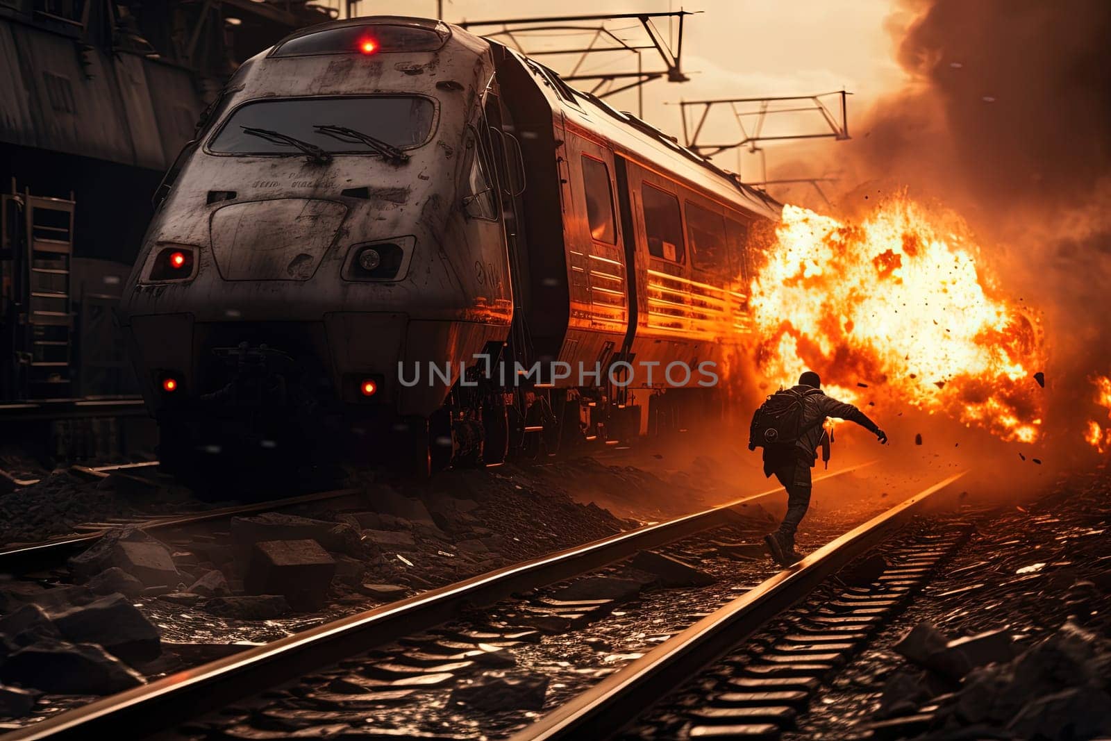 Action shot with man jumping off the train. Dynamic scene with railway carriage explosion in action movie blockbuster style. Generated AI