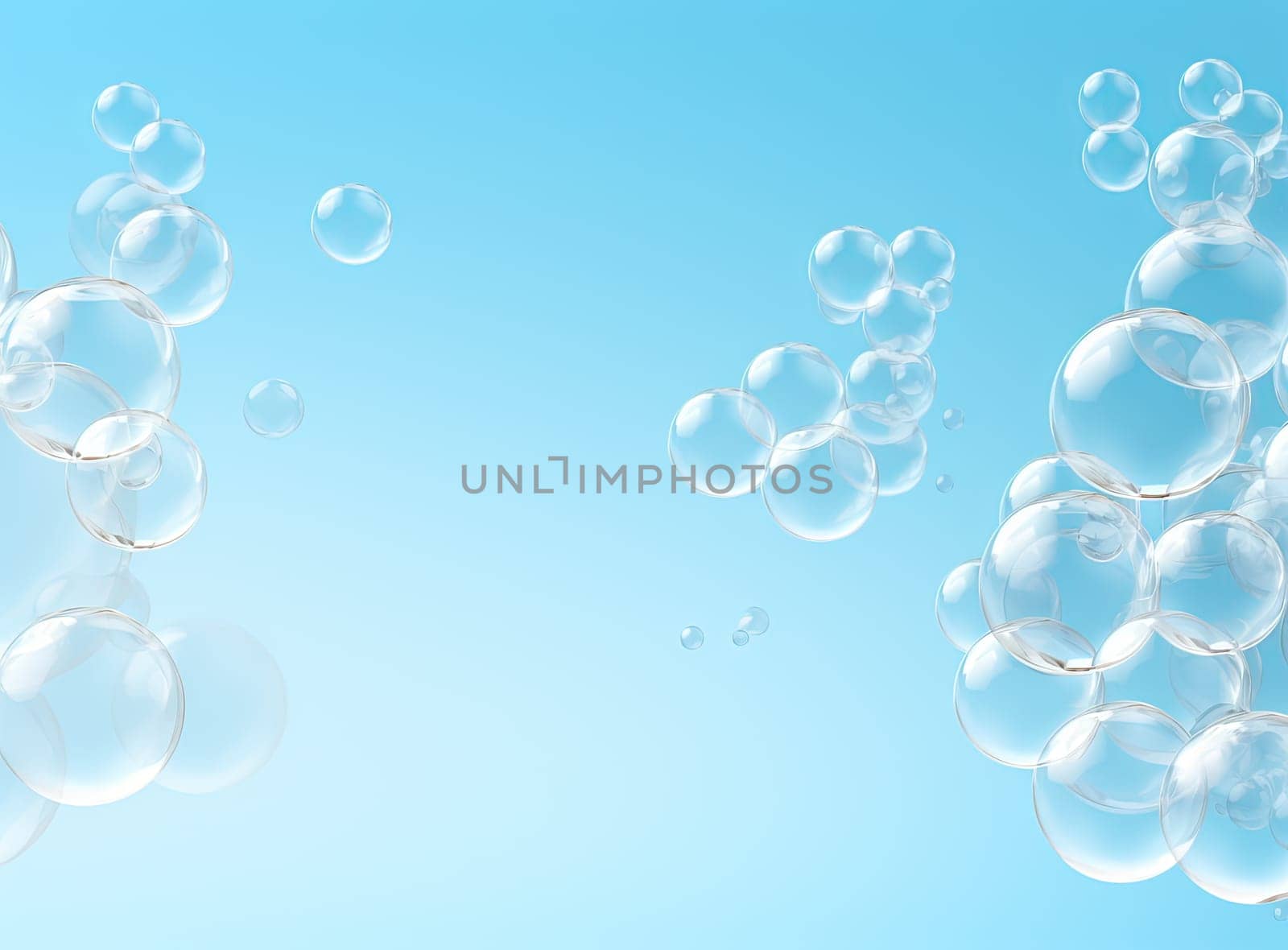 Soaring bubbles on blue background. Abstract soap bubbles floating background. Generated AI