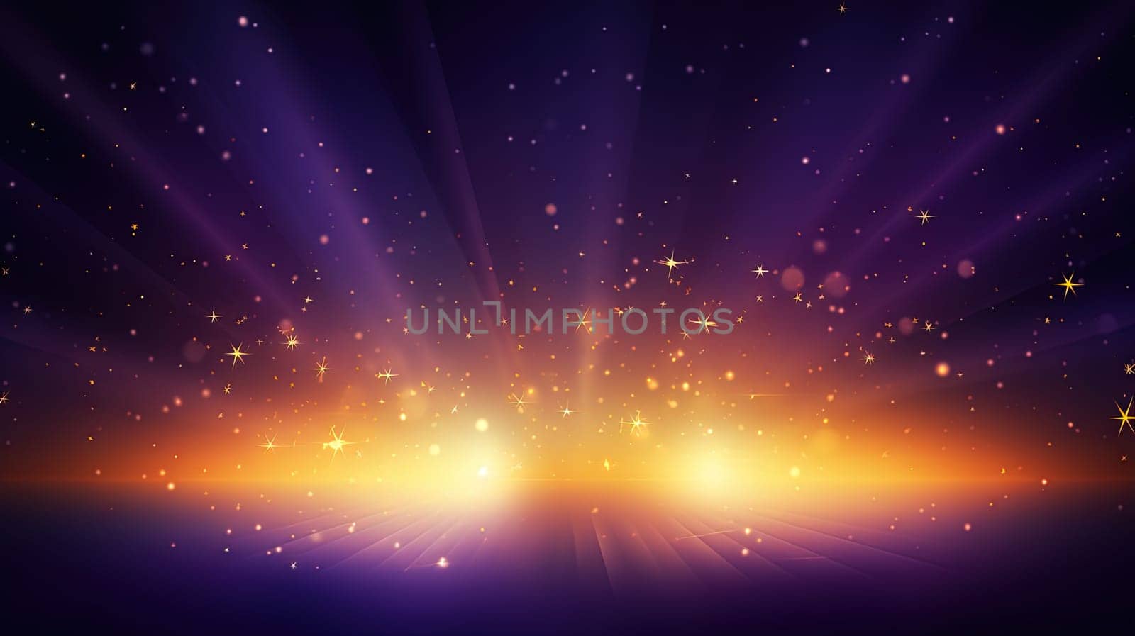 Abstract backgound with purple and orange light rays. God rays or light burst with bokeh. Generated AI