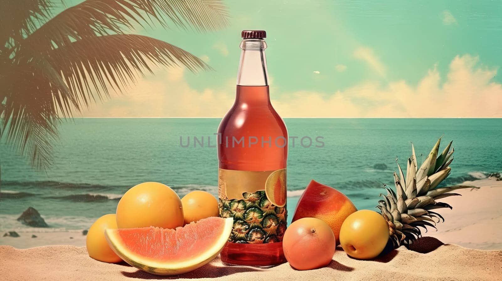 Bottle with fruit water or alcohol in the sand of the beach. Vacation scene with lemonade bottle on the shore line. Generative AI