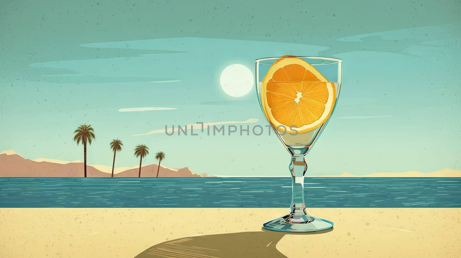 Glass with lemon water in the sand of the beach. Vacation scene with lemonade glass on the shore line. Generative AI.