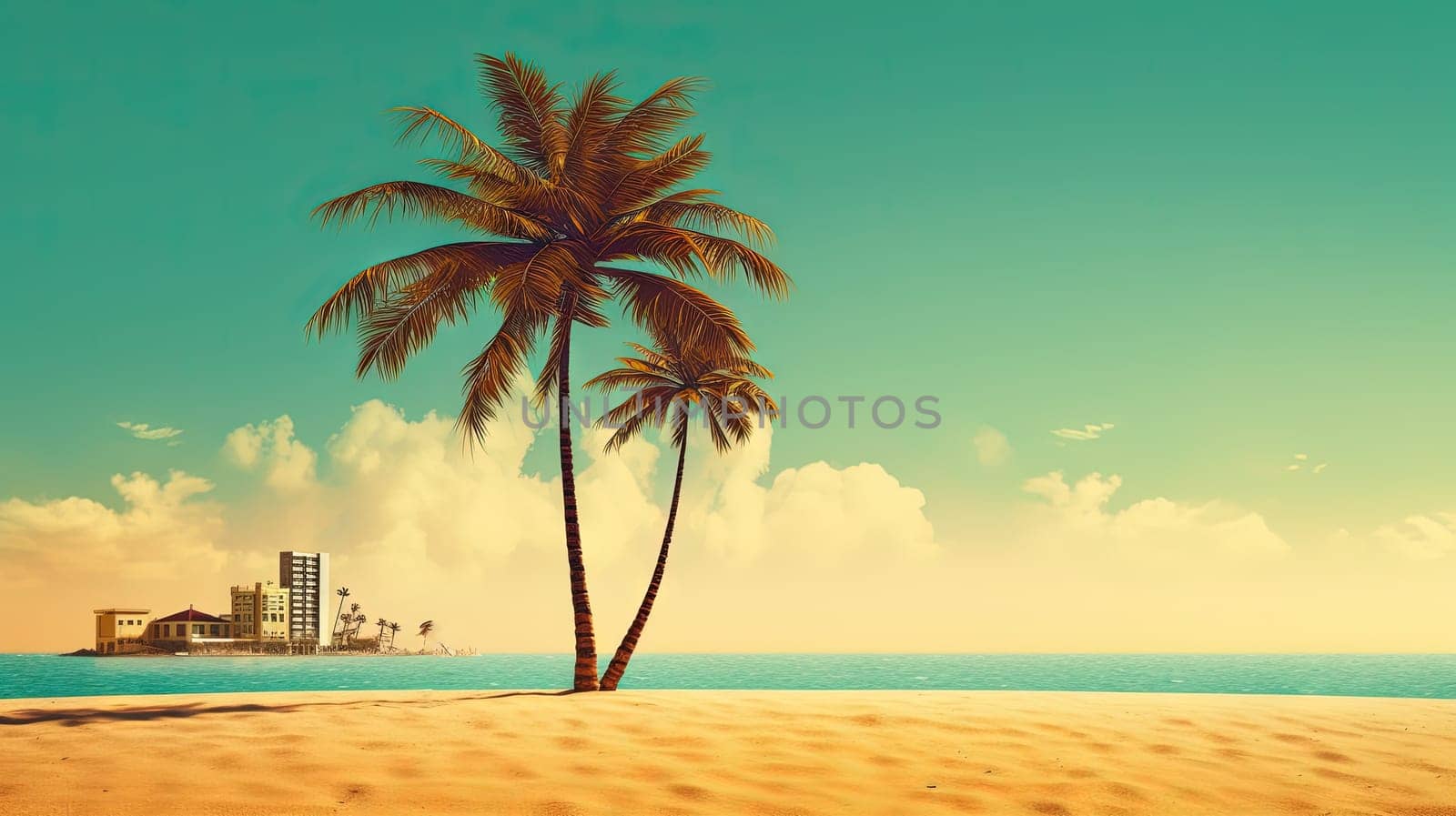 Palm tree on the sand of the beach. Vacation scene with palm on the shore line. Generative AI