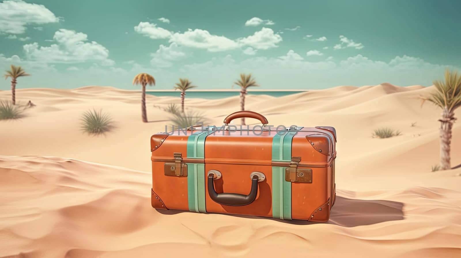 Suitcase in the sand of the beach. Vacation scene with travel case on the shore line. Generative AI. by SwillKch