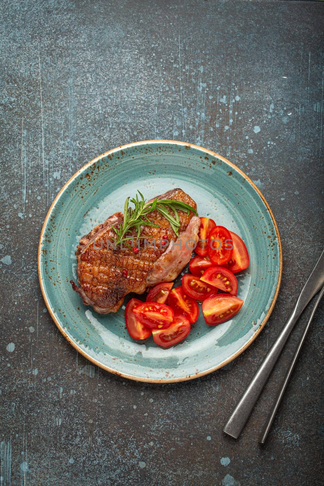 Delicious roasted duck breast fillet with golden crispy skin, with pepper and rosemary, top view on ceramic blue plate served with cherry tomatoes salad, rustic concrete rustic background by its_al_dente