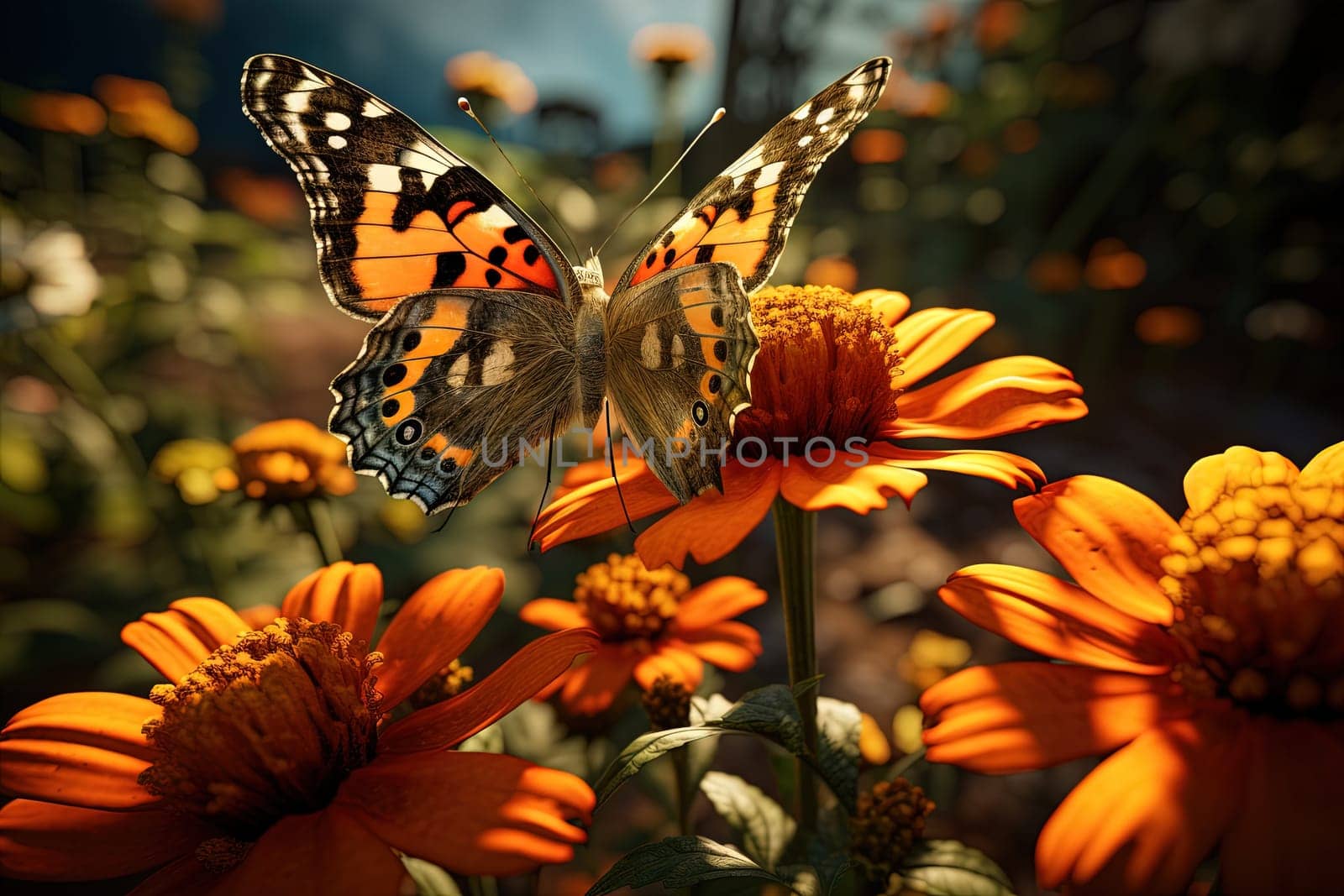 Butterfly on the colorful flowers and plants. Calm nature scene with dreamy colors. Generated AI