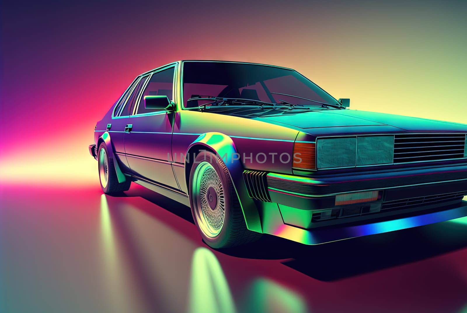 Retro car closeup view. 80s styled automobile in neon lights. Generated AI