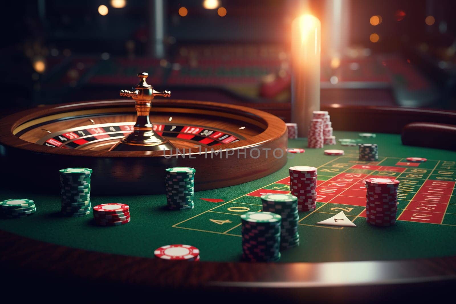 Casino concept with abstract gambling objects. Dark casino room with roulette, cards and dices. Generative AI