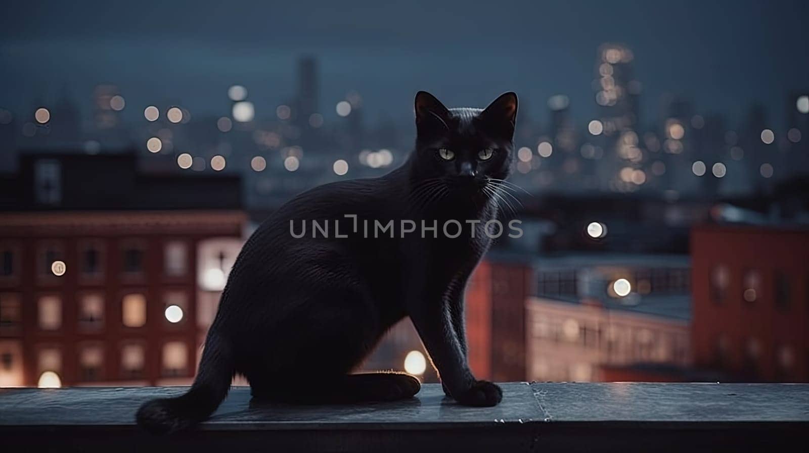 Black cat sitting on a railing at night, in the style of life in New York city. Generated AI
