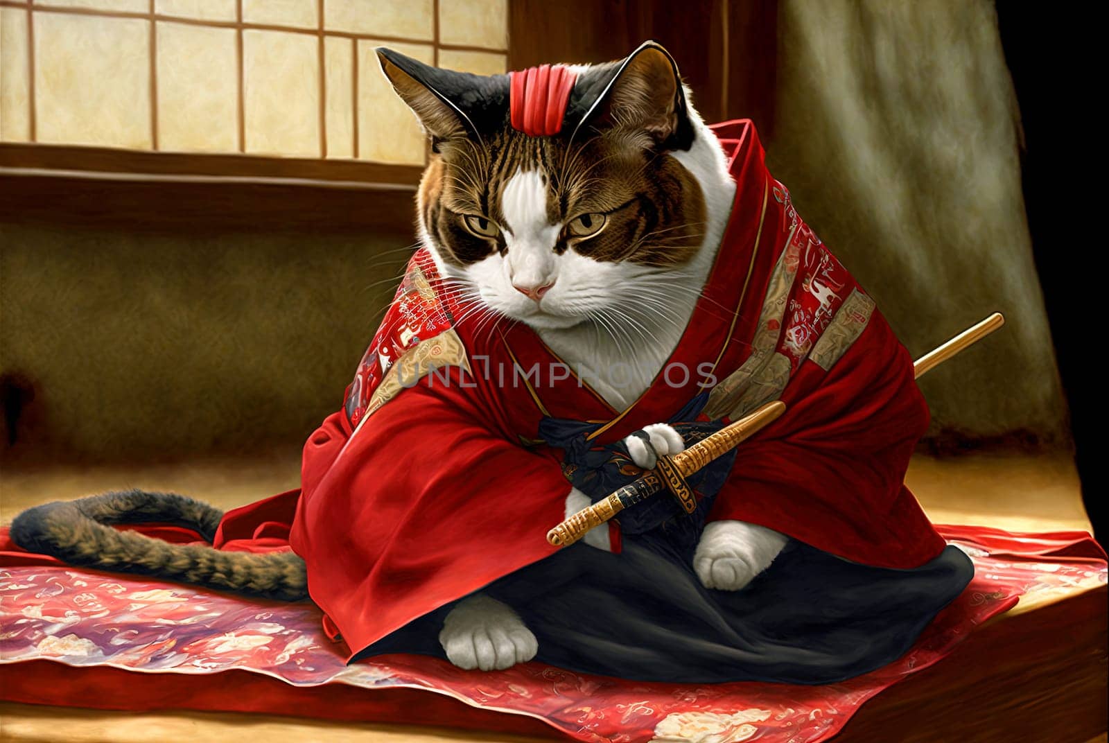 Cat samurai in traditional armor with katana. Japanese styled illustration with kitten warrior in kimono. Generated AI