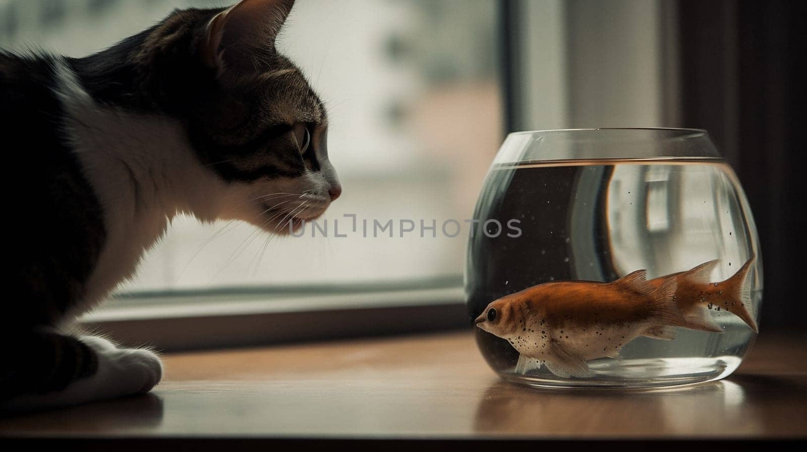 Cute cat watching the fish. Funny kitten sniffing the fish. Generated AI