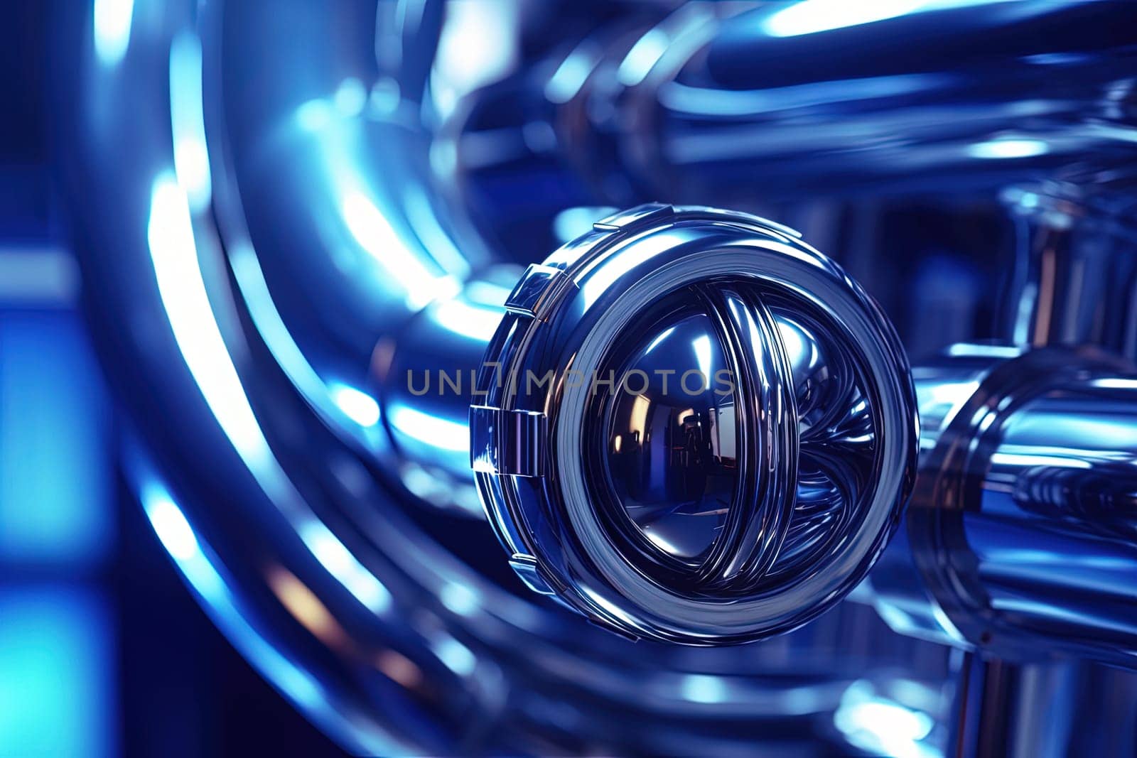 Abstract chrome pipes composition. Industry themed background with shiny metallic connected pipes. Generated AI