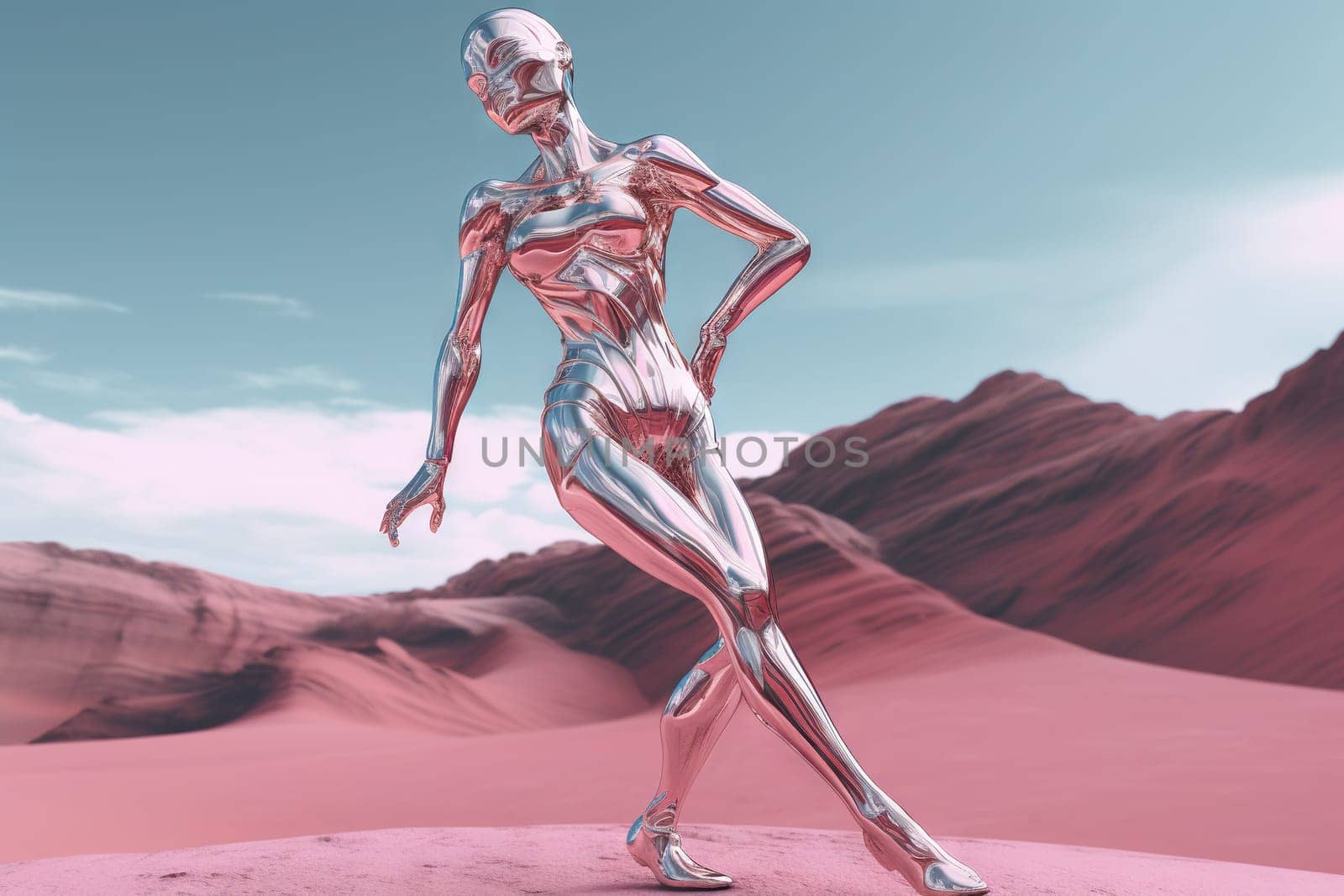Crome robot woman dancing in the desert. Artificial intelligence rise and shiny. Mechanical beauty. Generated AI. by SwillKch