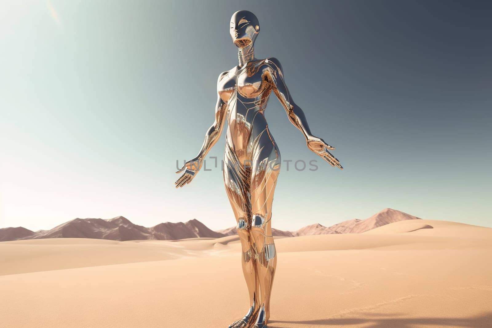 Crome robot woman posing with spread arms. Artificial intelligence rise and shiny. Mechanical beauty. Generated AI. by SwillKch