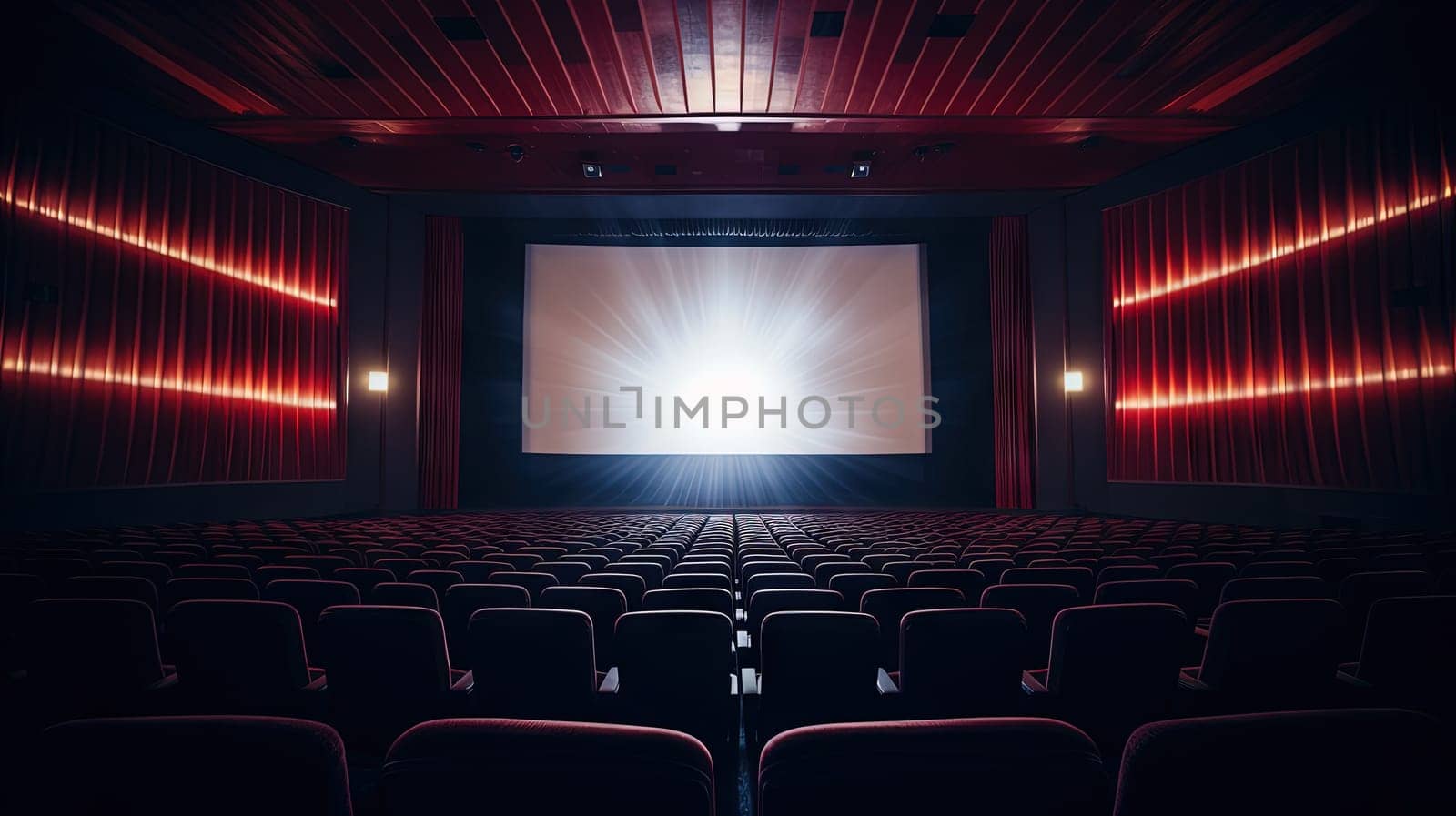 Cinema interior with seats and white screen. Movie theater room with chairs. Generated AI