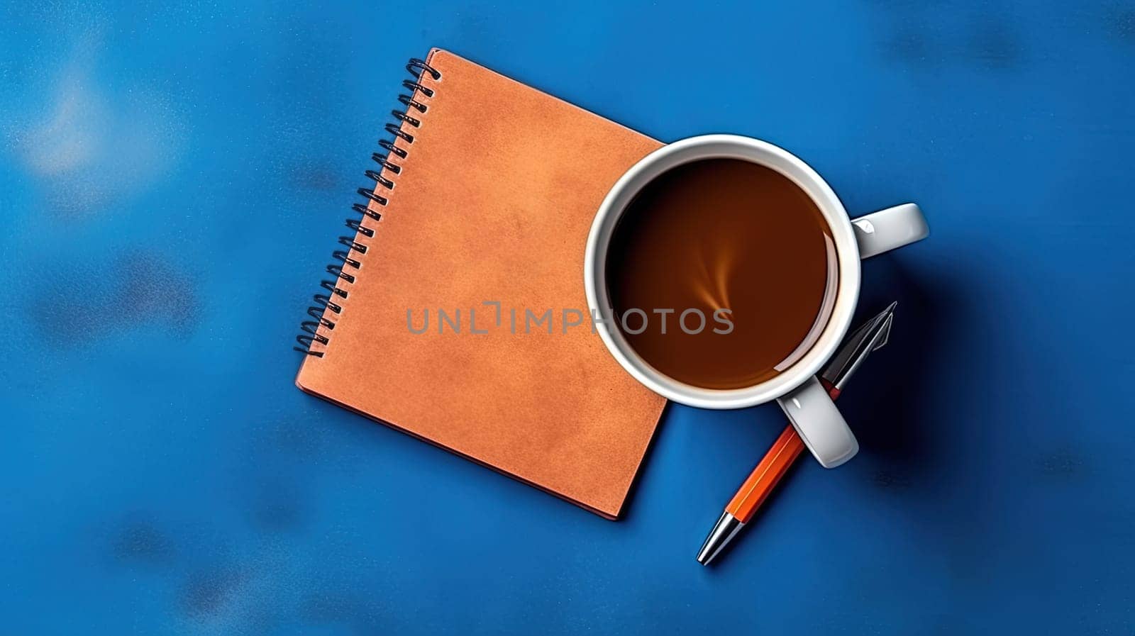 Cup of coffee and notepad with pen, top view. Generated AI