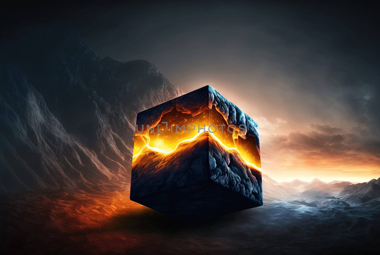 Mysterious glass cube on the natural landscape. Shiny mystic geometric object on abstract background. Generated AI