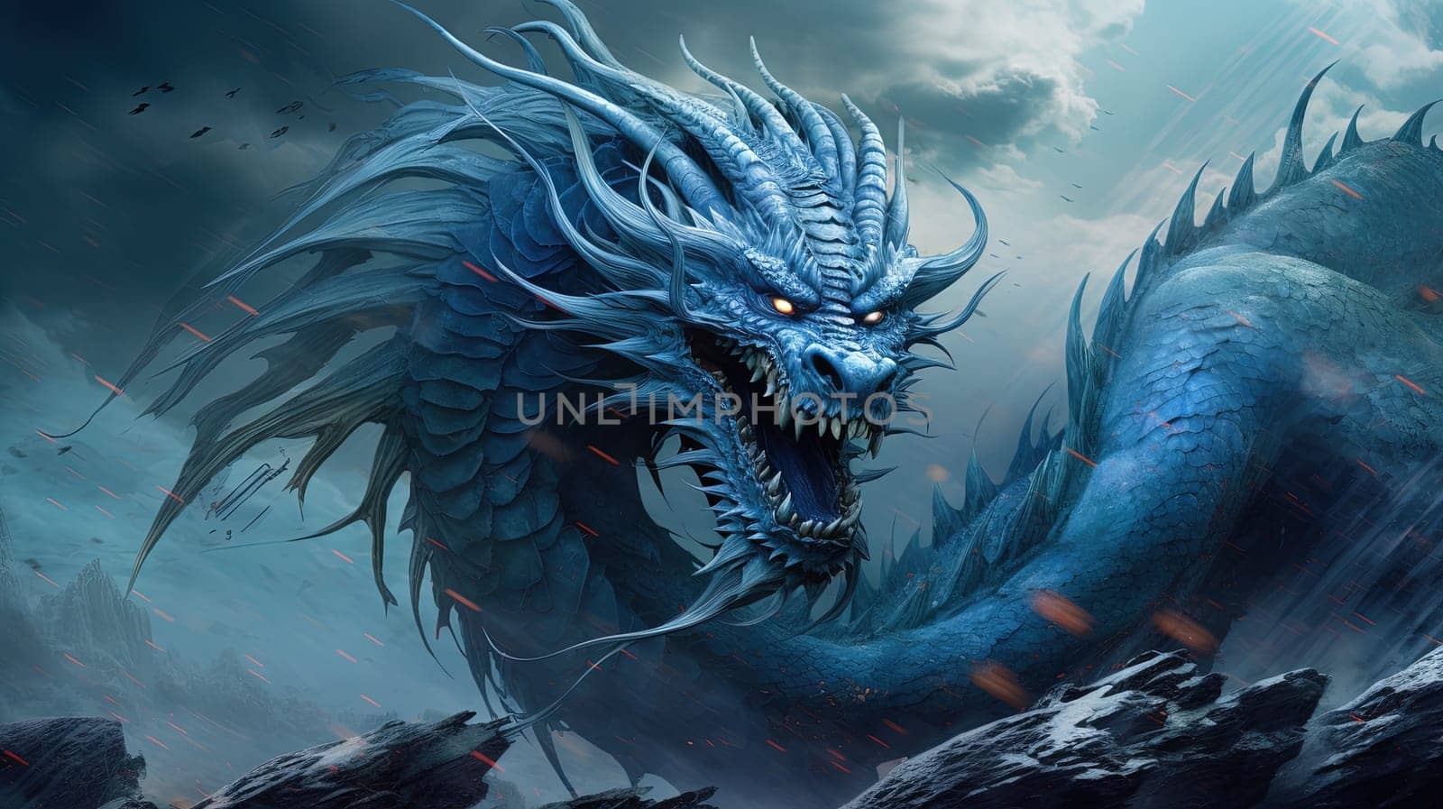 Blue dragon, mysterious monster from farytales and symbol of 2024 lunar year in Chinese calendar. Generated AI.