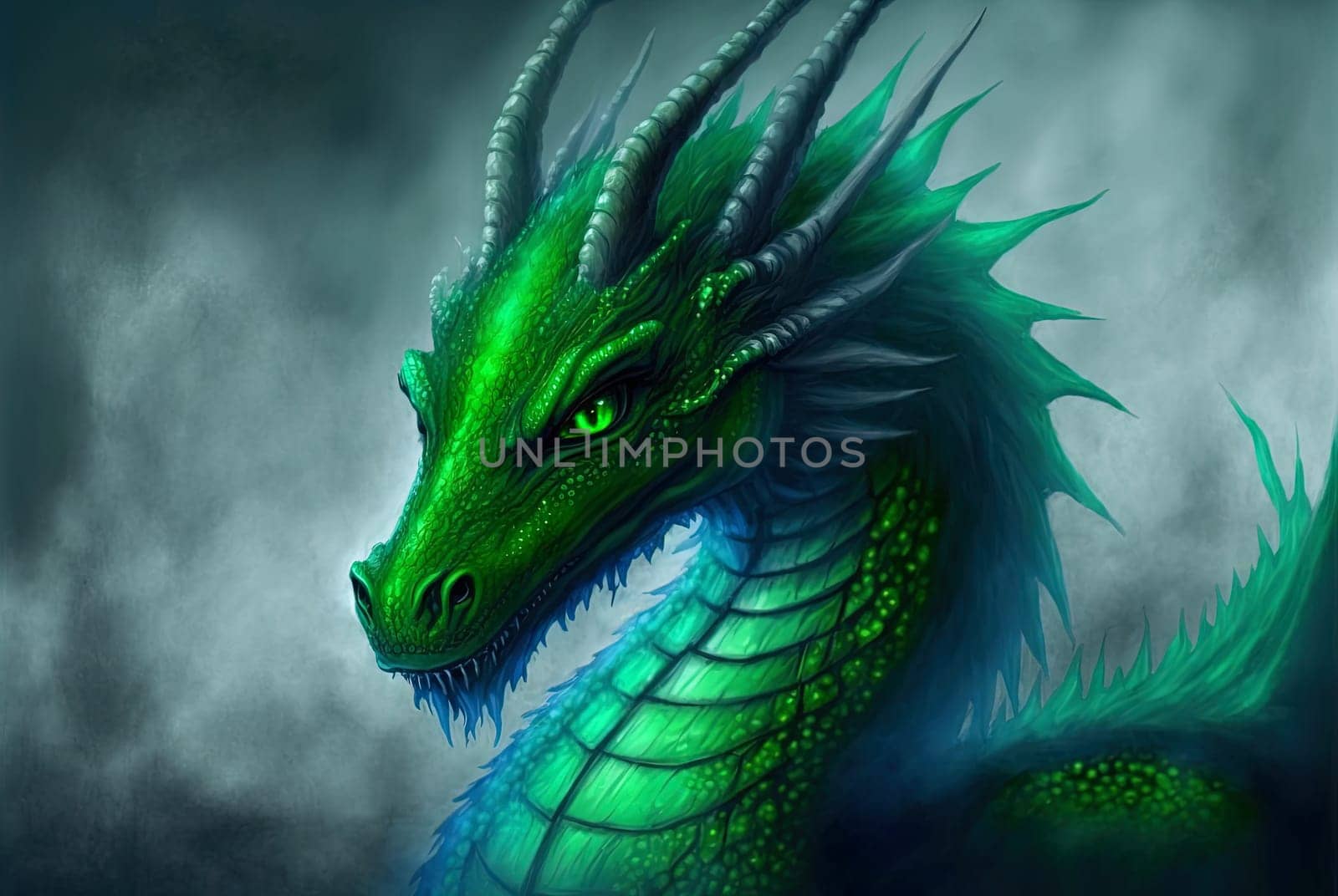 Green dragon portrait, mysterious monster from farytales and symbol of 2024 lunar year in Chinese calendar. Generated AI