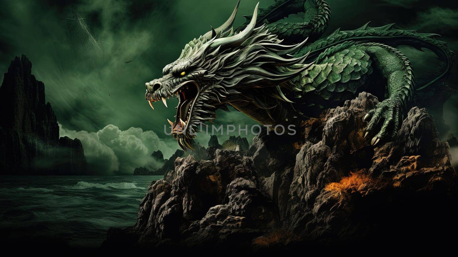 Green dragon, mysterious monster from farytales and symbol of 2024 lunar year in Chinese calendar. Generated AI