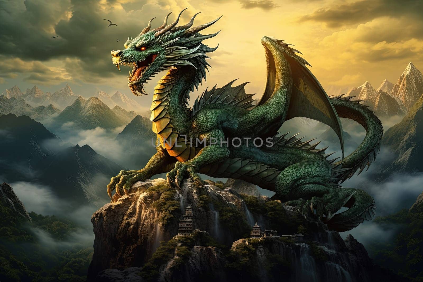 Green dragon, mysterious monster from farytales and symbol of 2024 lunar year in Chinese calendar. Generated AI