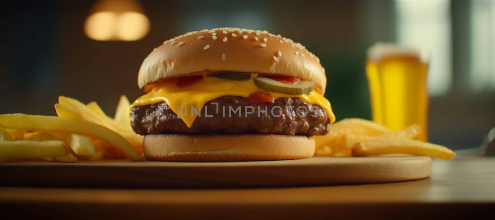 Juicy tasty hamburger on the table. Fast food image of a burger with grilled meat. Generated AI