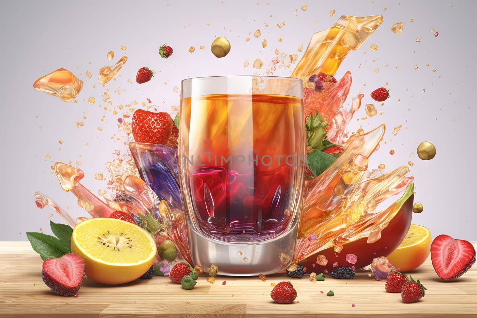 Glass of juice with fruits and berries on the table. Drink splash of sweet organic cocktail. Generated AI