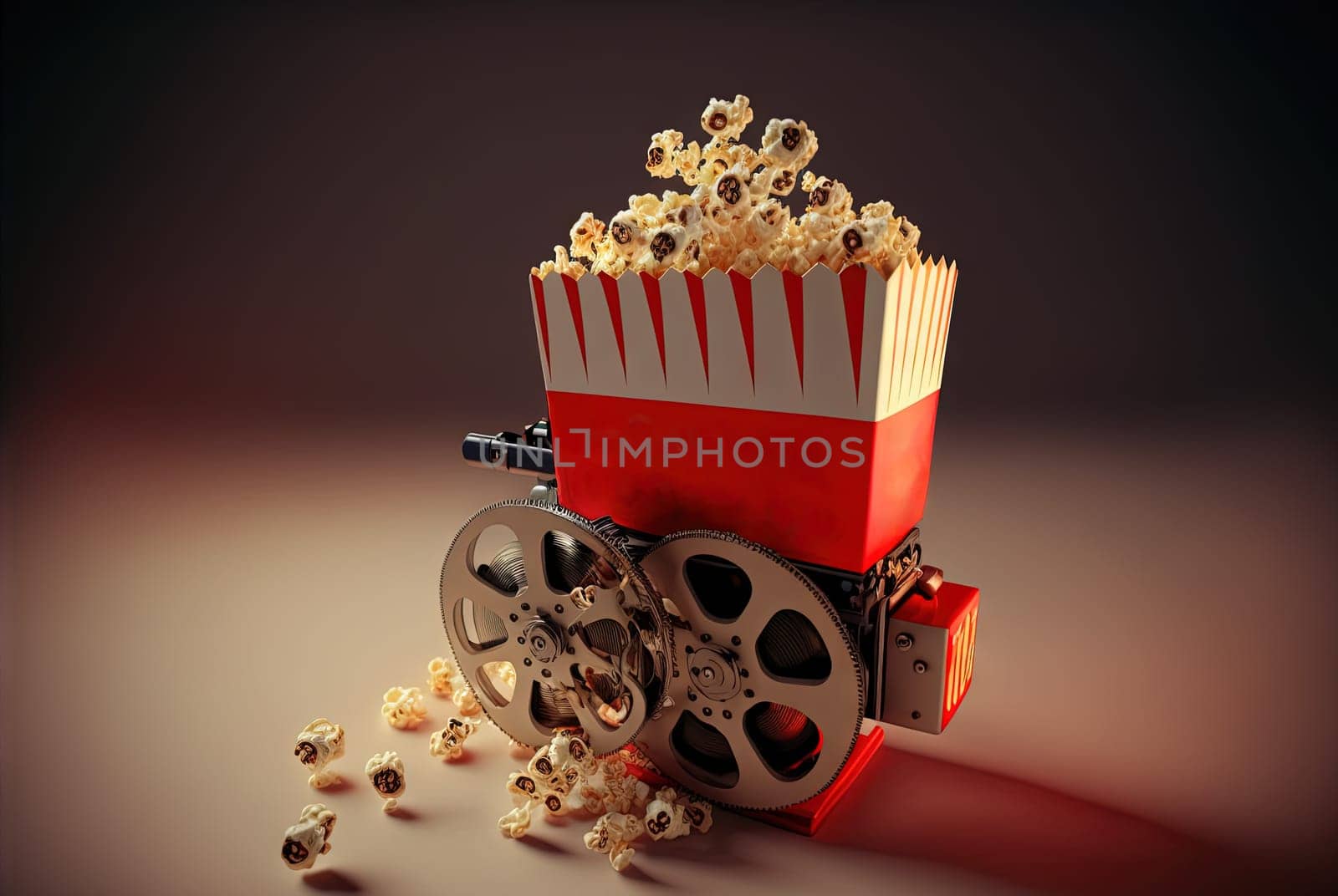 A box of popcorn. Movie theater themed popcorb package. Generative AI