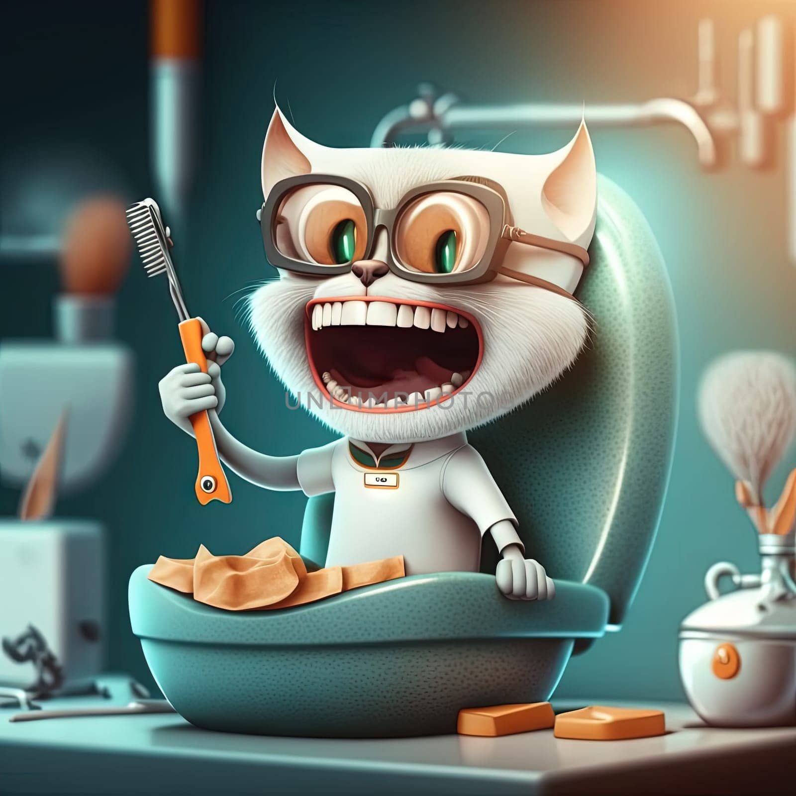 Funny dentist cat. Cute kitten in doctor costume with dentistry and hygiene tools. Generative AI