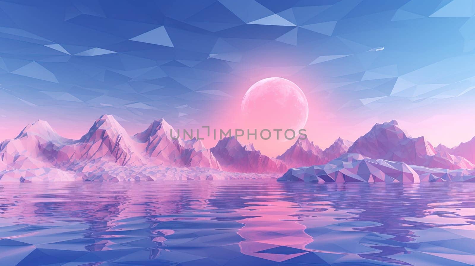 Pink landscape with moon over polygonal mountains. Calm surreal backround. Generated AI