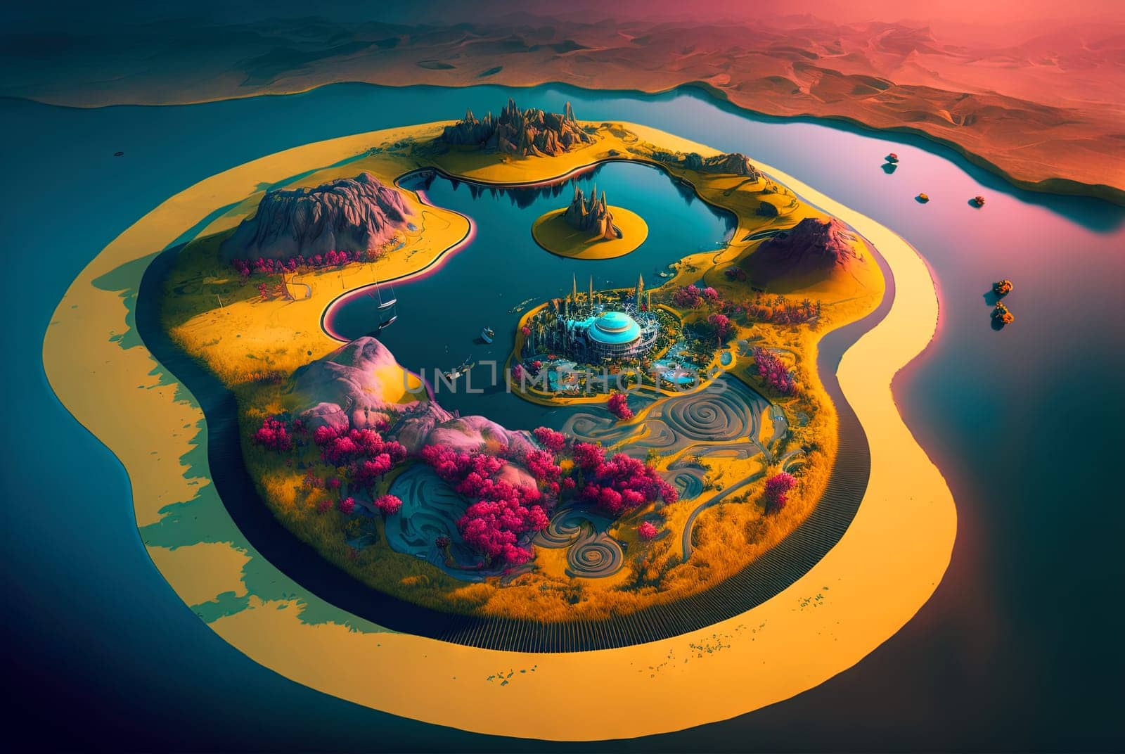 Scenic view of a fantasy island with trees in the center of lake. Generated AI