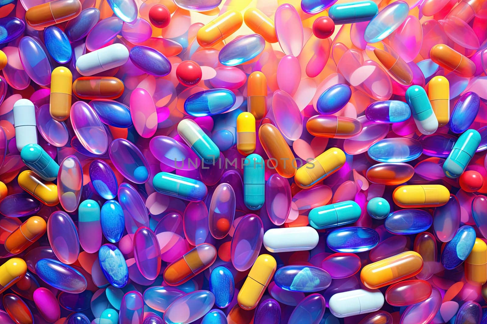 Background with pills and capsules in neon blue and purple colors. Medical drug or dietary supplement concept. Generated AI