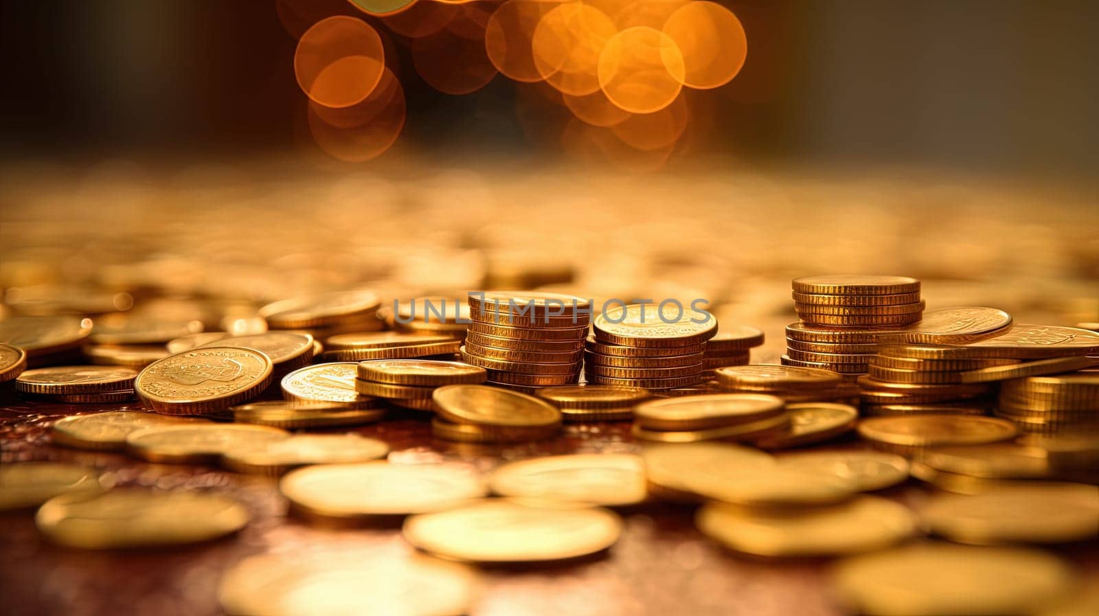 Money concept background with stacks of golden coins. Finance abstract with yellow coins. Generated AI