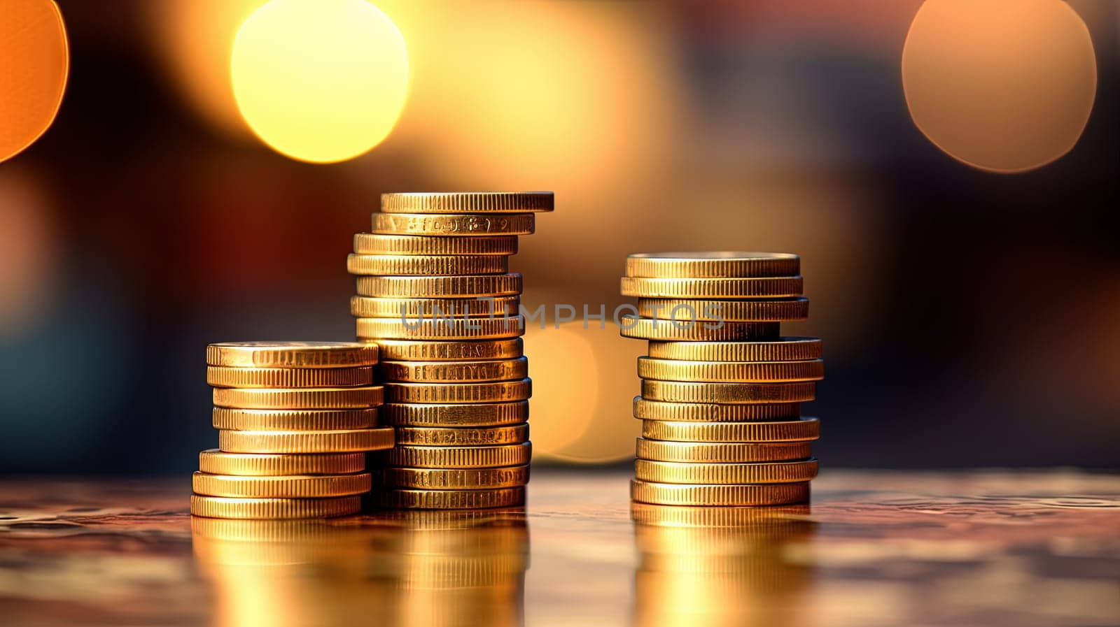 Money concept background with stacks of golden coins. Finance abstract with yellow coins. Generated AI