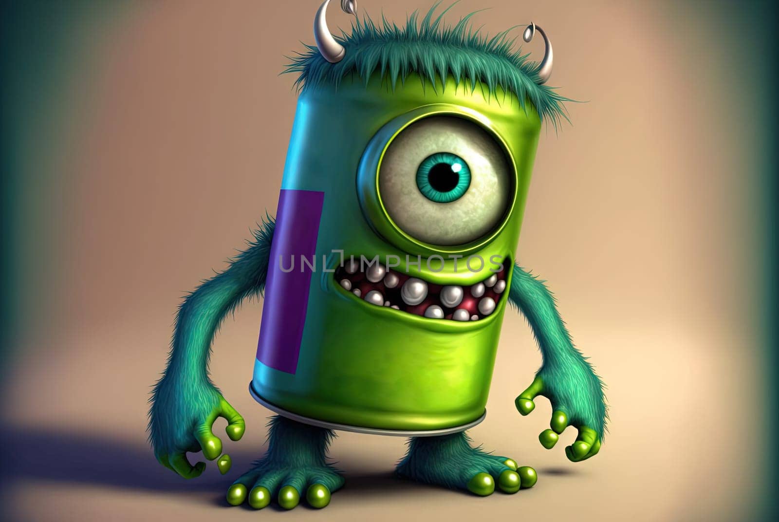 Monster can. Alluminium can with paint as a cute character. Generated AI